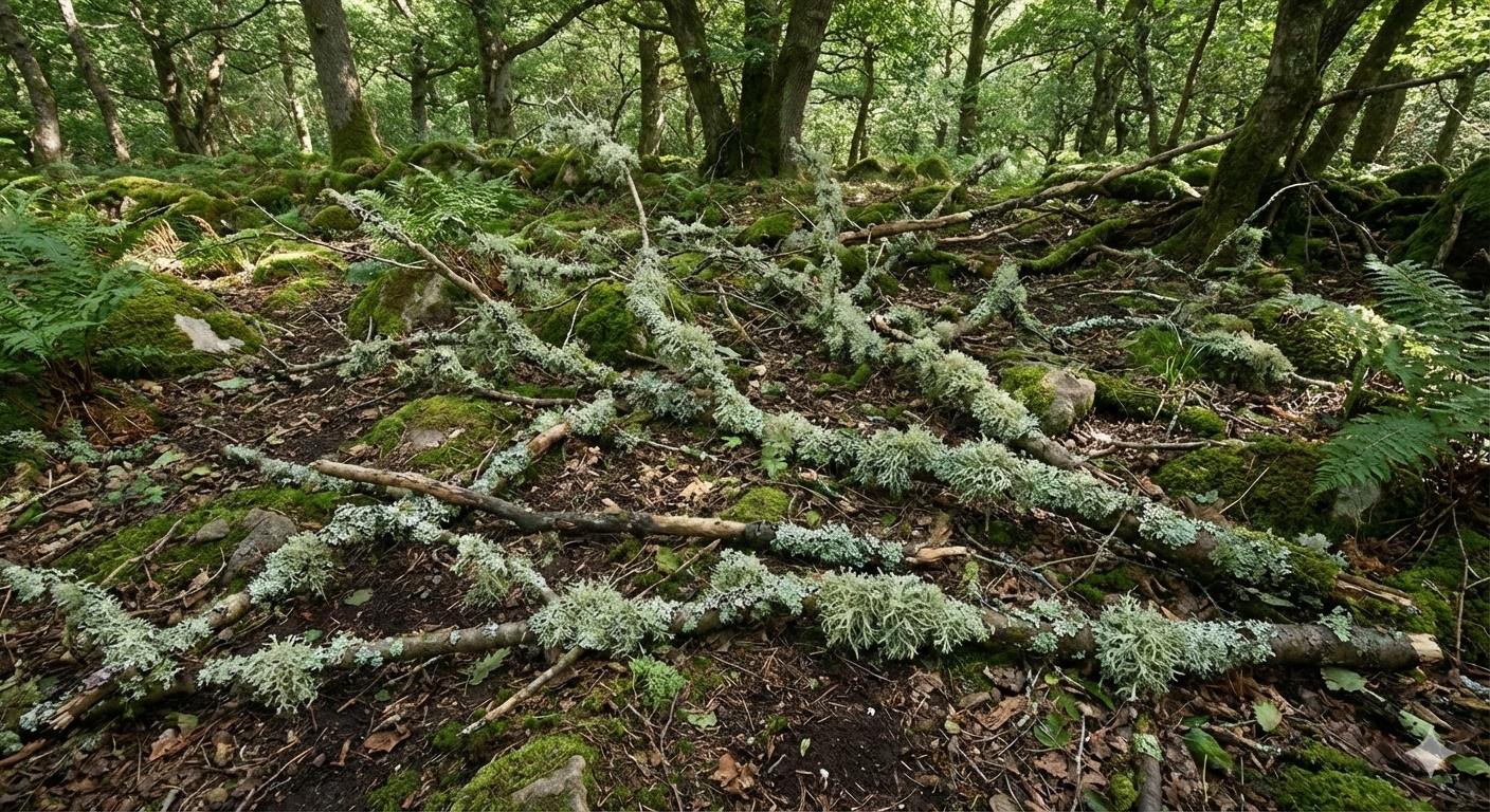 Lichen-covered fallen branches offering woodland floor texture for seasonal installations