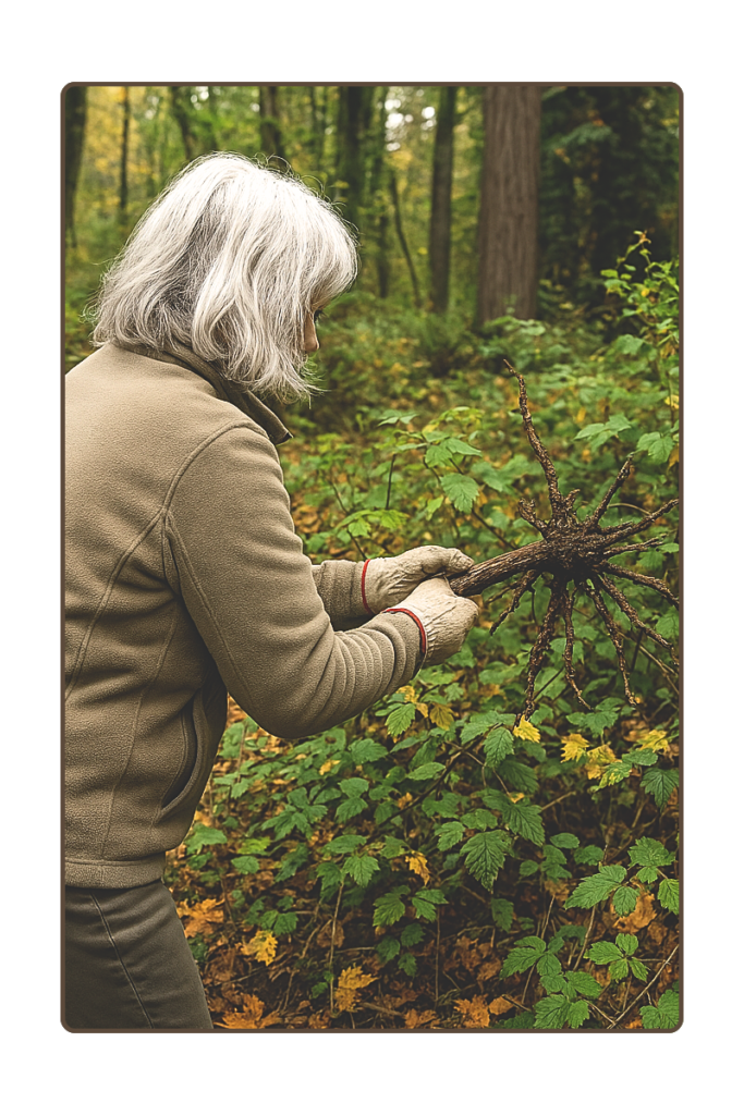 Diane pulling blackberry roots