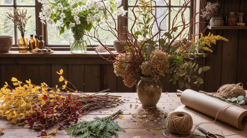 Woodland atelier workspace with native dogwood, cedar tips, heuchera, and seasonal woody stems prepared for designer sourcing