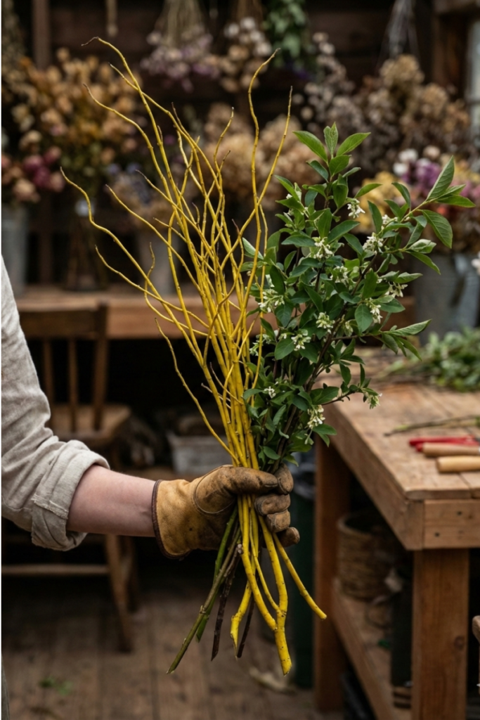 and-selected native dogwood and early-season woodland stems gathered for a designer pull