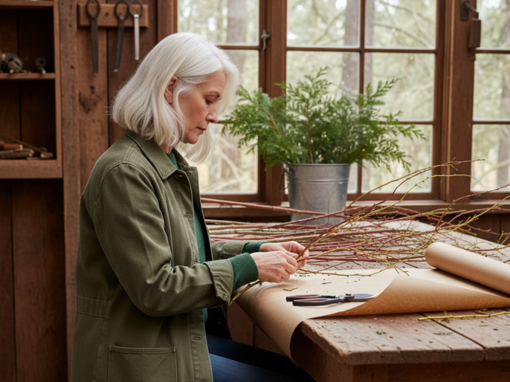 Careful handling of native woodland stems during small-batch harvest in a PNW woodland atelier