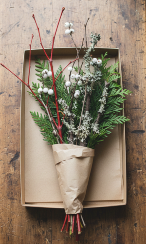 Snowberry, Cedar tips, red twig dogwood, Lichen branches in a bundle