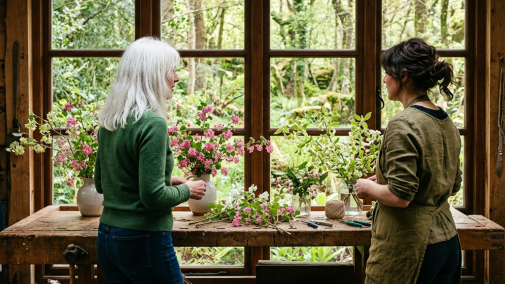 Ribes and Oemleria branches laid out on a workbench, grower and designer in conversation