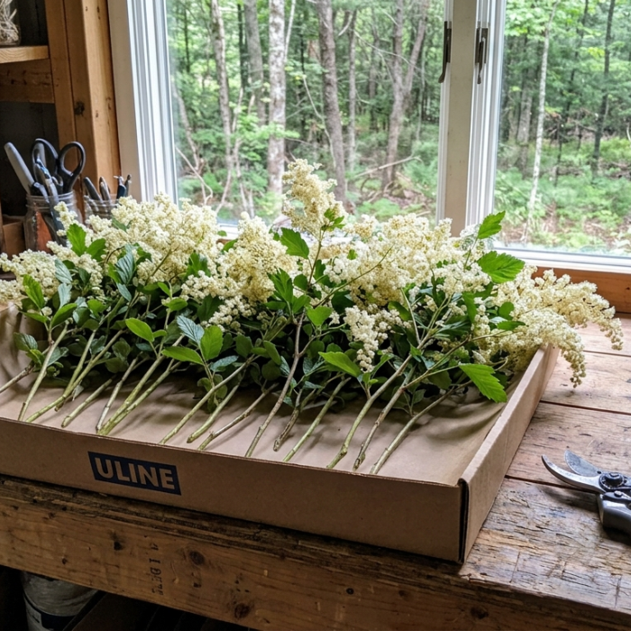 Ocean spray stems in a Kraft tray in a woodland atelier