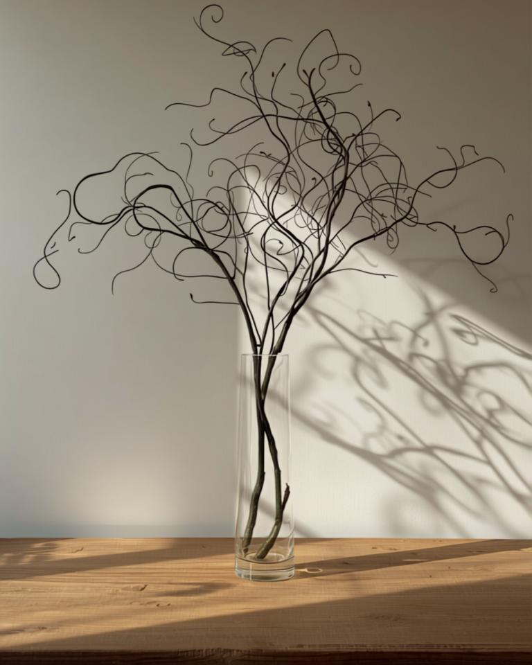 Curly willow in a clear glass vase on a wooden table