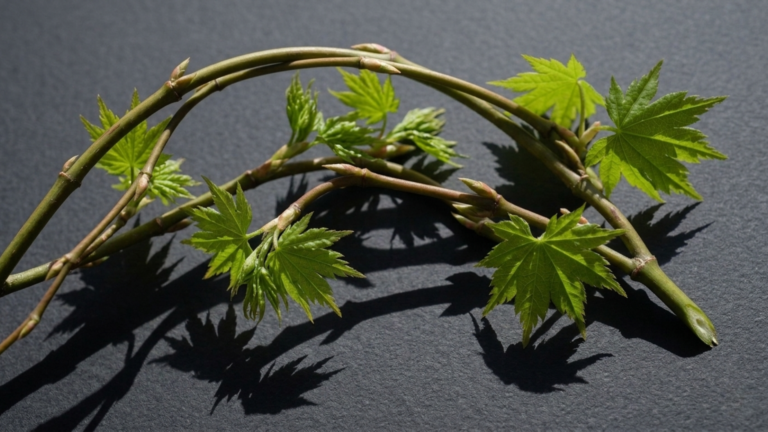 Sustainable woodland harvesting shown through a freshly cut vine maple branch with green leaves in a Pacific Northwest forest.