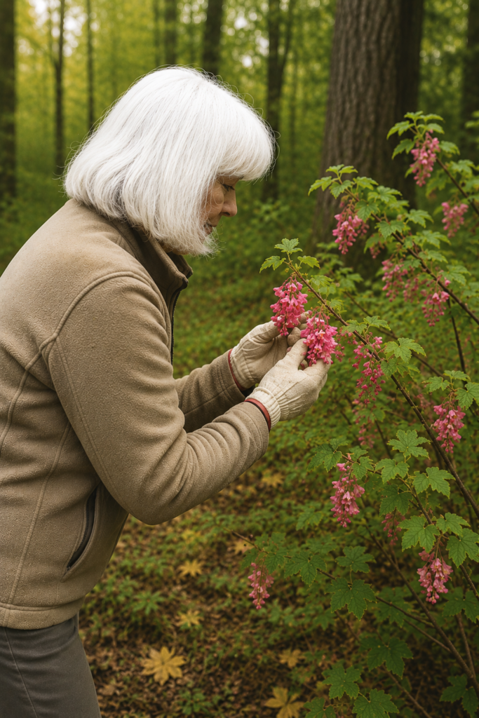 A person wearing a beige fleece and gloves inspects a branch of pink woodland blossoms among tall trees and forest groundcover.