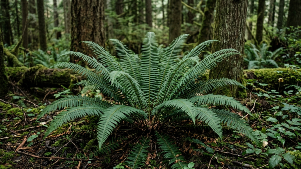 A mature Western Sword Fern growing on a mossy forest floor, its fronds radiating in a clean, symmetrical crown beneath tall conifer trunks in a shaded Pacific Northwest woodland.