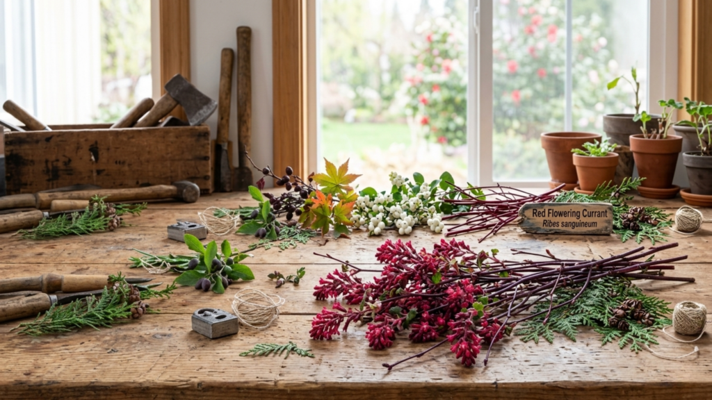 A wooden workbench near a window is covered with bundles of greenery, twine, pruning shears, and small potted plants. A wooden label identifies red flowering currant branches in the foreground, and a garden is visible outside.