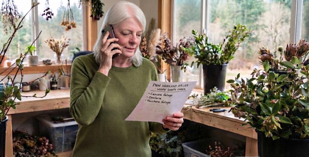An older adult stands in a plant‑filled studio, holding a phone to their ear and a handwritten order note. Sunlight comes through a large window behind them, illuminating hanging dried botanicals and fresh foliage arranged throughout the workspace. The note lists Cascara foliage, Osmanthus, and Heuchera foliage for a Woody Shoots order.