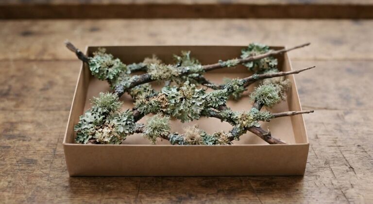 A shallow kraft box filled with storm‑fallen branches covered in dense foliose and fruticose lichen in soft green and gray tones, arranged on a wooden surface with a clean, natural presentation.