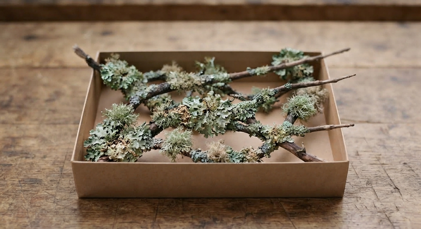 A shallow kraft box filled with storm‑fallen branches covered in dense foliose and fruticose lichen in soft green and gray tones, arranged on a wooden surface with a clean, natural presentation.