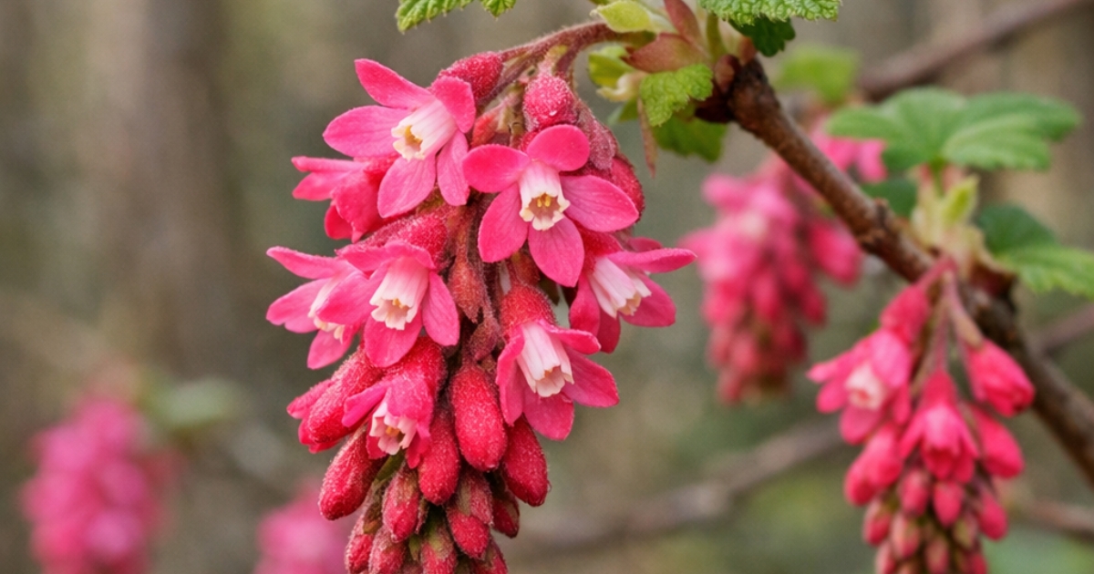 A close-up of a flowering currant branch with vivid pink blossoms hanging in dense clusters and small serrated green leaves against a soft blurred background.