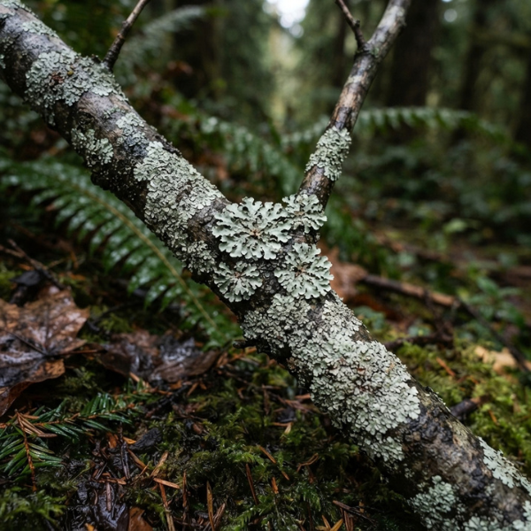 Fallen vine maple branch mottled with pale crustose lichen and a few foliose rosettes in overcast light